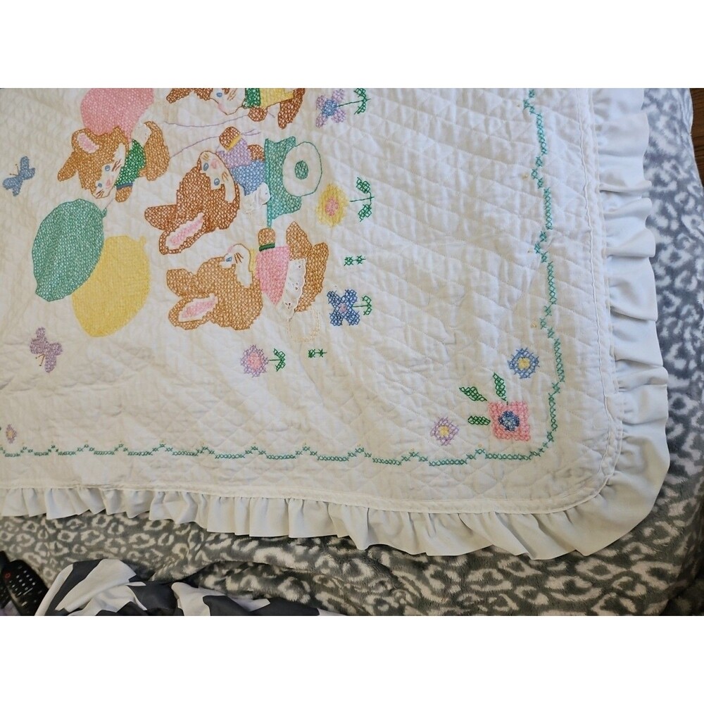 Handmade Baby Blanket Embroidered Cross Stitch Bunnies Ruffled Edge 42" X 33" - Picture 5 of 15